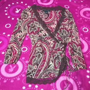 Vintage Silk Floral Paisley Red Toned V Neck Blouse Size XS